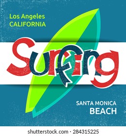 Surfing lettering design, hand-drawn t-shirt typographic vector surf print, bright surfboard brochure or flayer illustration