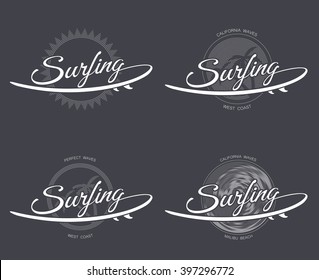 surfing lettering  logo with surfboard, palms trees, wave and sun in retro style on dark background for posters, prints and calligraphic designs, vector illustration