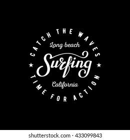 Surfing lettering. Long beach California. T-shirt apparel print graphics. Vector illustration.