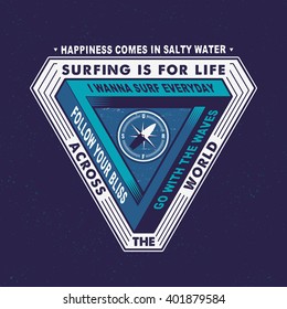 SURFING IS FOR LIFE ACROSS THE WORLD. IMAGE OPTICAL EFFECT, AN ILLUSION . Design fashion apparel textured print navy background. T shirt graphic vintage vector illustration badge label logo template. 