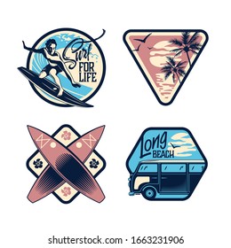 Surfing lifestyle 2x2 hand drawn emblems set in retro style with young surfer riding surfboard and sea beach images isolated vector illustration