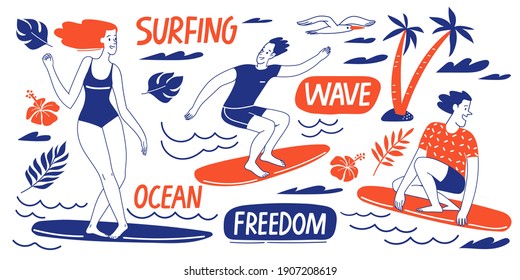 Surfing lifestyle summer infographic design vector set iwith doodles. Good for motivational nature ocen lifestyle card or poster