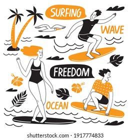 Surfing lifestyle summer infographic doodle style design vector set iwith doodles. Good for motivational nature ocen lifestyle card or poster