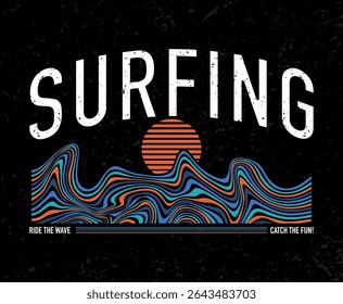 Surfing line art illustration, ready for print on paper poster, t-shirt and other uses.