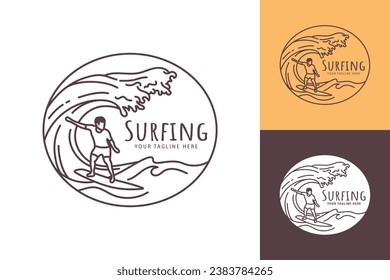 Surfing line art logo concept stamp of man surfing with rolling ocean waves