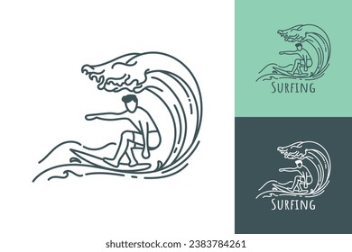 Surfing line art logo of a man surfing in a rolling ocean wave vector illustration