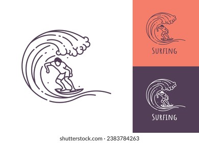 Surfing line art logo of a man surfing in a rolling ocean wave vector illustration