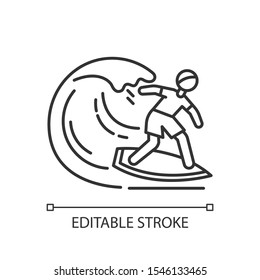 Surfing linear icon. Thin line illustration. Watersport, extreme kind of sport. Catching ocean wave, surfer balancing on board. Contour symbol. Vector isolated outline drawing. Editable stroke