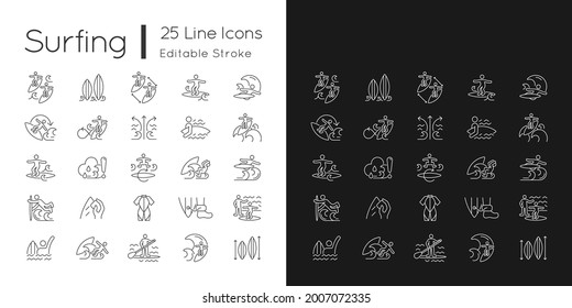 Surfing linear icons set for dark and light mode. Recreational activity. Catching waves and learning tricks. Customizable thin line symbols. Isolated vector outline illustrations. Editable stroke