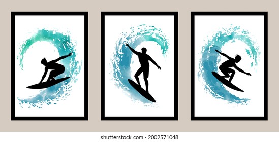 Surfing lineart set with watercolor elements. Vector illustration