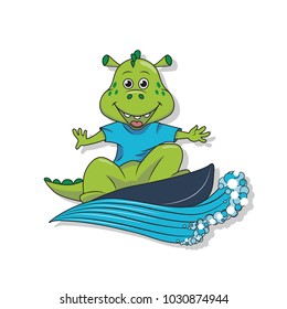 surfing little dinosaur on wave