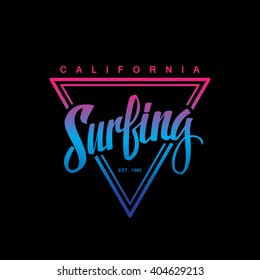 Surfing logo. Surfing calligraphy. Handwritten word. Surf typography, t-shirt graphics. Vector illustration.