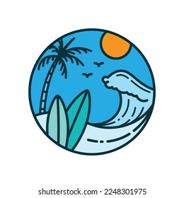 surfing logo concept tropical island beach with blue waves circle shape vector illustration