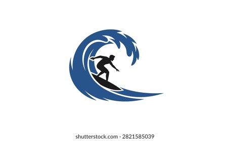 Surfing logo design featuring a black silhouette of a surfer riding on a giant blue ocean wave on a white background.