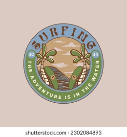 Surfing logo design inspiration, 
Surfing illustration, outdoor adventure . Vector graphic print for t shirt and other uses.
