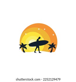 surfing logo design, palm trees by the beach