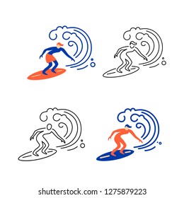 Surfing logo design set. Surfer and big wave. Flat and line style vector illustration.