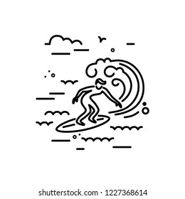 Surfing logo design. Surfer and big wave. Line style vector illustration.