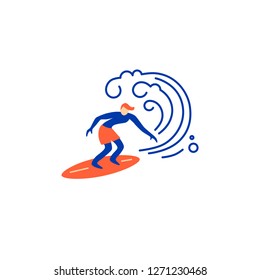 Surfing logo design. Surfer and big wave. Flat and line style vector illustration.