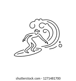 Surfing logo design. Surfer and big wave. Line style vector illustration.