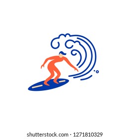 Surfing logo design. Surfer and big wave. Flat and line style vector illustration.