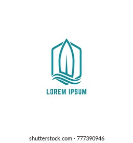 Surfing Logo Design Vector, Combine Surf Board and Wave Icon