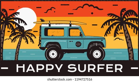 Surfing Logo Emblem. Vintage Hand Drawn Travel Badge, Poster. Featuring Surf Car Riding On The Beach And Sea Landscape. Happy Surfer Quote. Stock Vector Summer Beach Insignia.