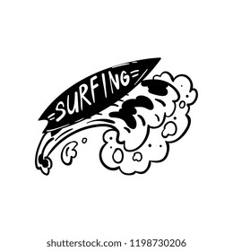 Surfing logo, hand drawn design element can be used for surf club, shop, clothes print, emblem, badge, label, flyer, poster vector Illustration on a white background