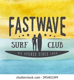 Surfing logo, label or badge on hand drawn watercolor background in vintage style. Vector illustration