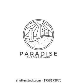 surfing logo line art vector illustration design, paradise beach logo design