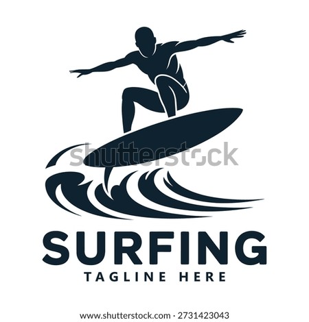 Surfing logo with man riding wave on surfboard graphic design element icon