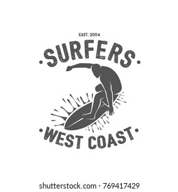 Surfing logo. Ride the wave. Surf rider. Black and white vector objects. 