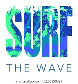 Surfing logo with sign and textured background with watercolor spots and splashes. EPS 10 vector illustration