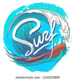 Surfing logo with stylised handwritten sign and colourful ocean wave placed on the textured spot. EPS 10 vector illustration