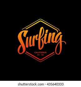 Surfing logo. Surf calligraphy. Handwritten word, t-shirt graphics. Vector illustration.