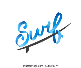 Surfing logo. Surf calligraphy, typography element, t-shirt graphics. Vector vintage illustration. Volumetric letters
