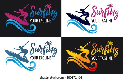 Surfing logo for Surf Club or shop. lettering emblem of Surf club with surfing board and surfer silhouette background. 