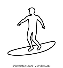 Surfing logo. Surfer on a surfboard. Icon for surfing. Black and white linear illustration. Isolated silhouette on a white background. For a surf club, shop, equipment rental.