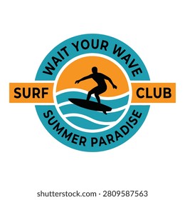 Surfing logo with surfer on wave and summer paradise text icon