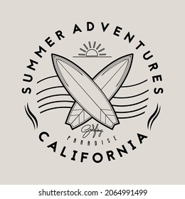 Surfing logo template for surf club, shop or t shirt print. Vintage emblem in outline style. Surfboards, waves, sun and  California typography.