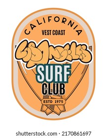 Surfing logo template for surf club. Vintage emblem in retro style. Surfboards and hand drawn lettering Los Angeles.