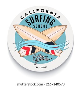 Surfing logo template for surf school. Vintage emblem in retro style. Surfboards, waves and hand drawn lettering.