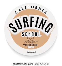 Surfing logo template for surf school. Vintage emblem in retro style. Surfboards, waves and typography text.