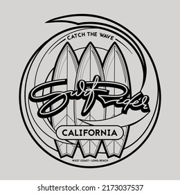 Surfing logo template. Vintage emblem with surfboards and hand drawn lettering for surf club or t shirt print.