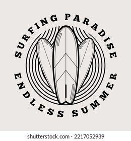 Surfing logo template. Vintage emblem with surfboards for surf club or t shirt print.