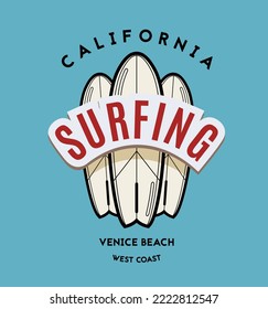 Surfing logo template. Vintage emblem with surfboards for surf club or t shirt print.