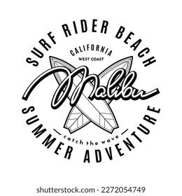 Surfing logo template. Vintage emblem with surfboards and hand drawn lettering Malibu for surf club or t shirt print.