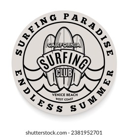 Surfing logo template. Vintage emblem with surfboards for surf club or t shirt print.