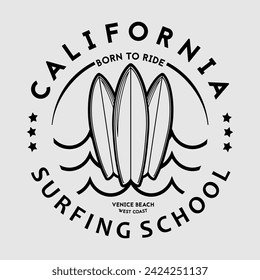 Surfing logo template. Vintage emblem with surfboards for surf club or t shirt print.