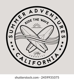 Surfing logo template. Vintage emblem with surfboards for surf club or t shirt print.